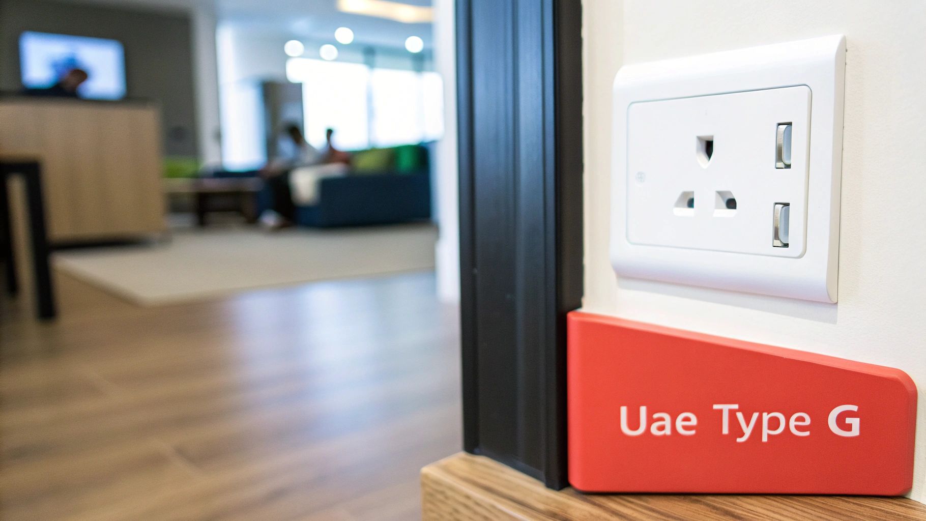 White Type G electrical socket with two USB ports, labeled 'Uae Type G', in a modern room.