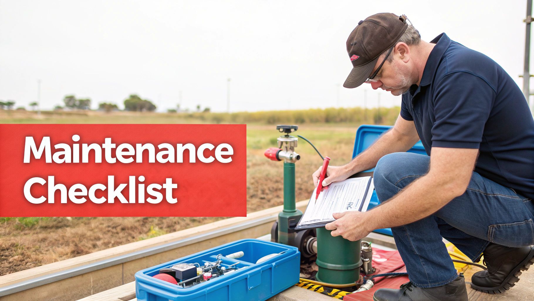 Technician completing maintenance checklist while inspecting irrigation pump equipment in agricultural field