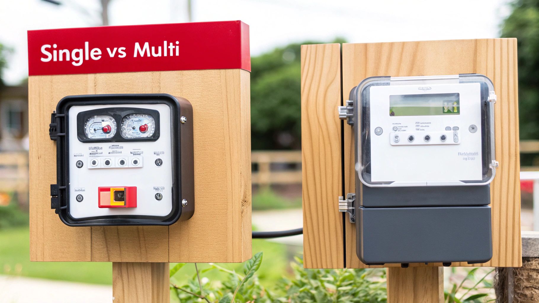 Two distinct utility meters, one indicating 'Single vs Multi', displayed on wooden posts outdoors.