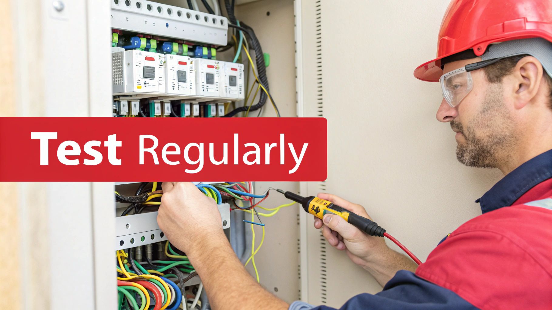 An electrician in safety gear tests wires in an open electrical panel with a tester, displaying 'Test Regularly'.