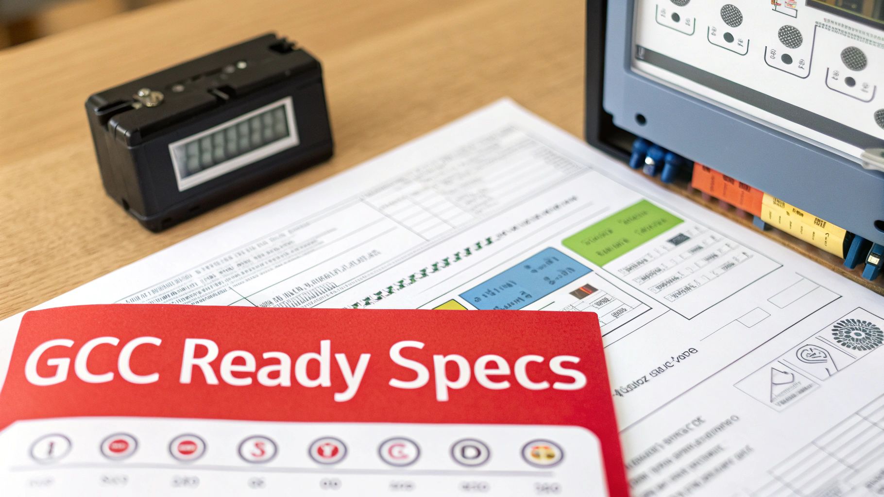 An energy meter, 'GCC Ready Specs' document, and other technical papers on a wooden desk.