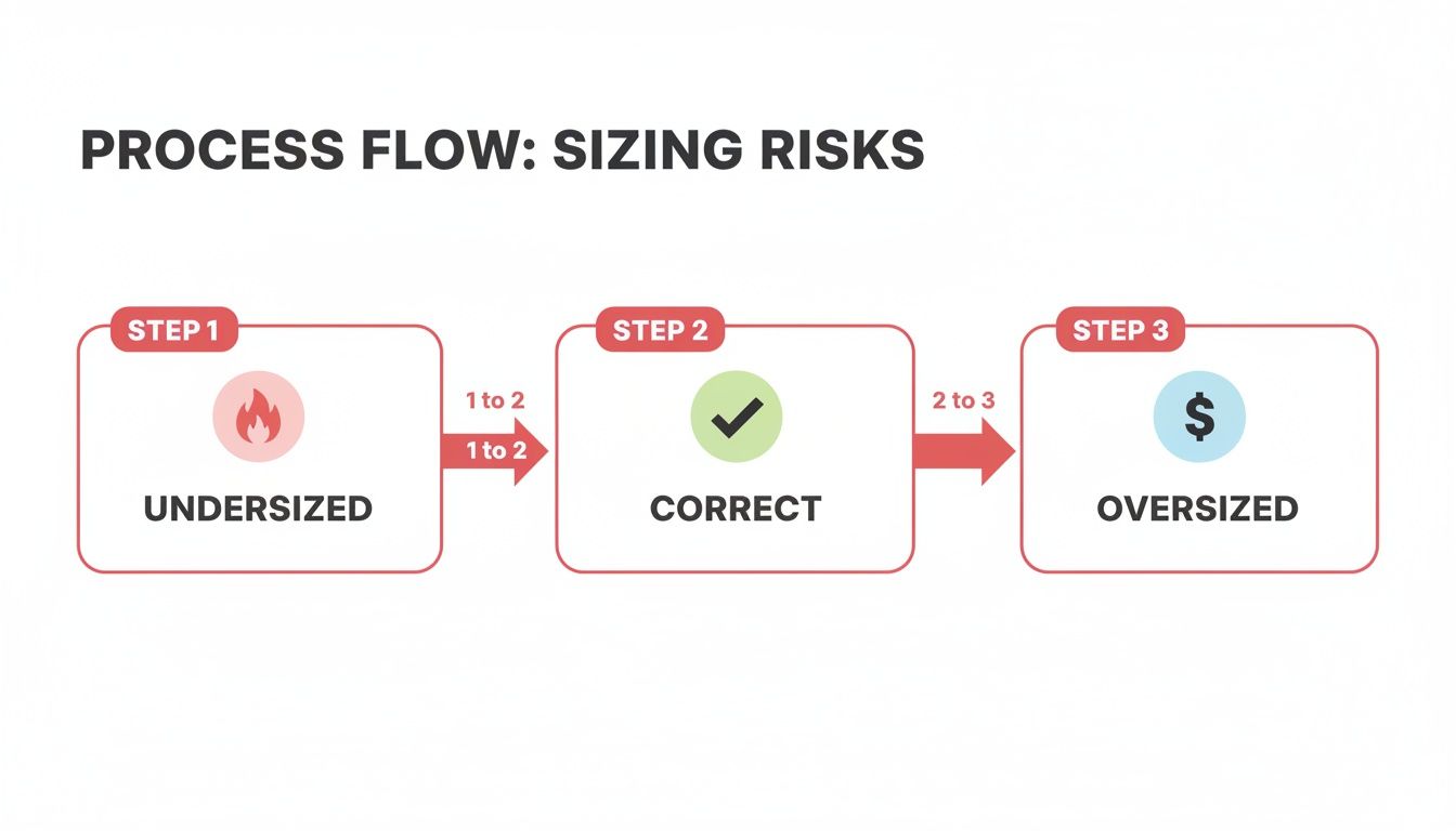 A process flow diagram showing three steps for sizing risks: Undersized, Correct, and Oversized.