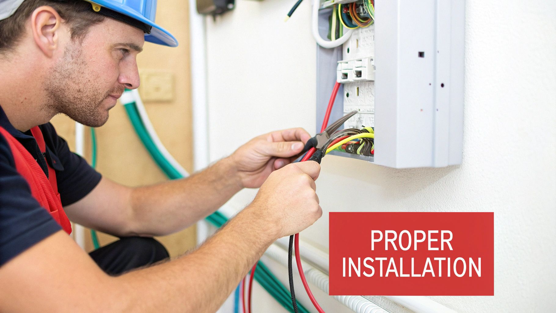 An electrician in a hard hat and vest connects wires in an electrical panel.