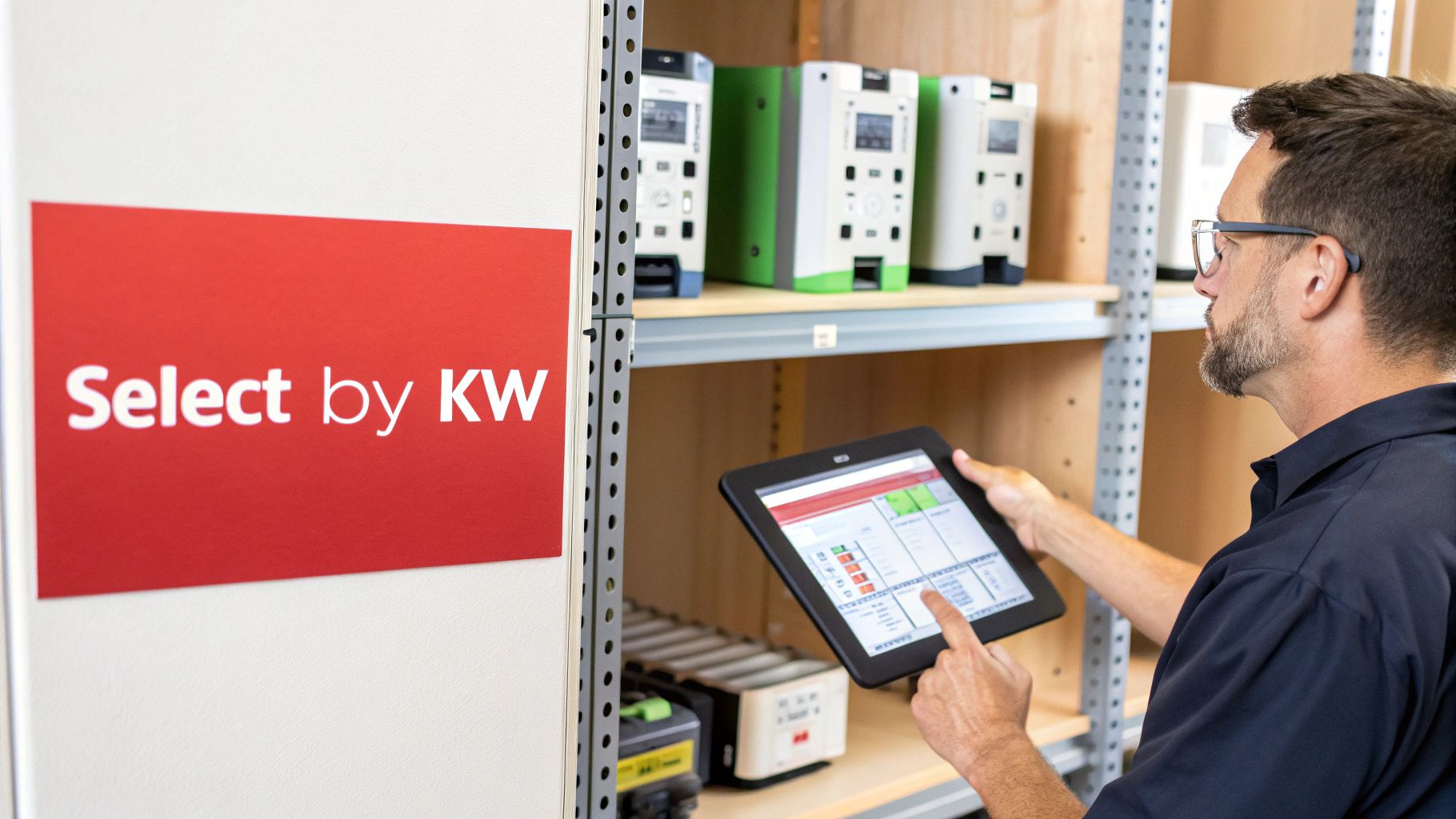 A man uses a tablet in a warehouse, checking inventory of electronic devices on shelves, next to a 'Select by KW' sign.
