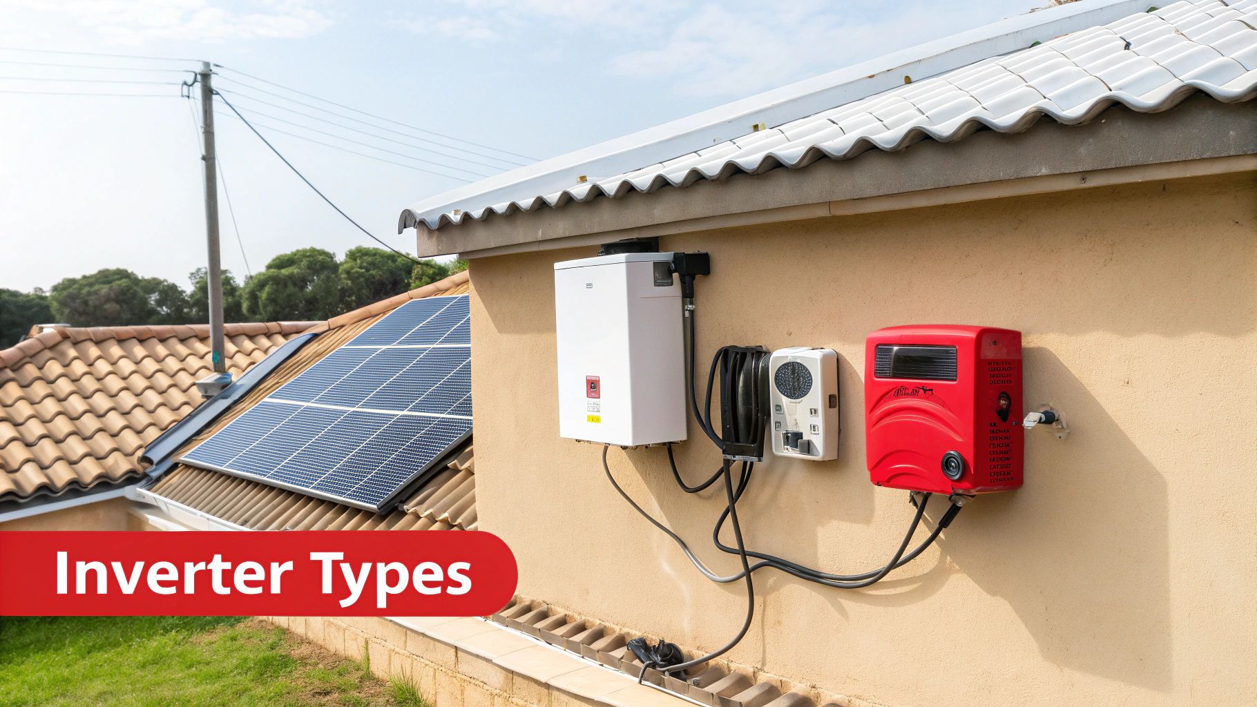 Residential solar panel installation with inverter types mounted on exterior wall near rooftop
