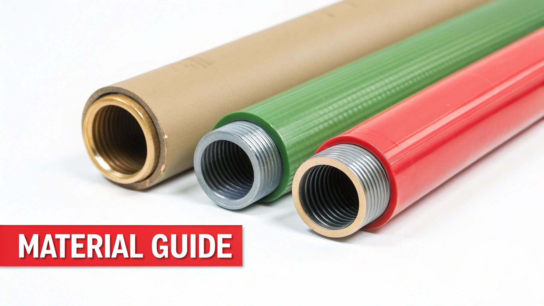 Three flexible pipes of different materials, including cardboard, green plastic, and red plastic, with threaded metal ends.