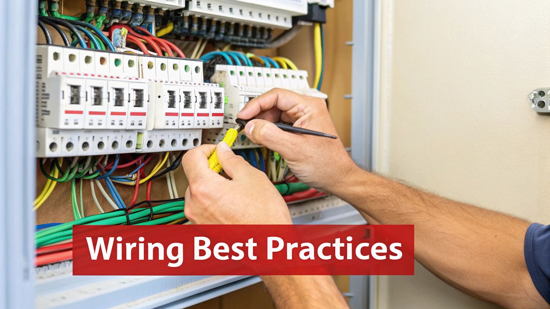 An electrician's hands carefully connecting colorful wires in an open circuit breaker panel.