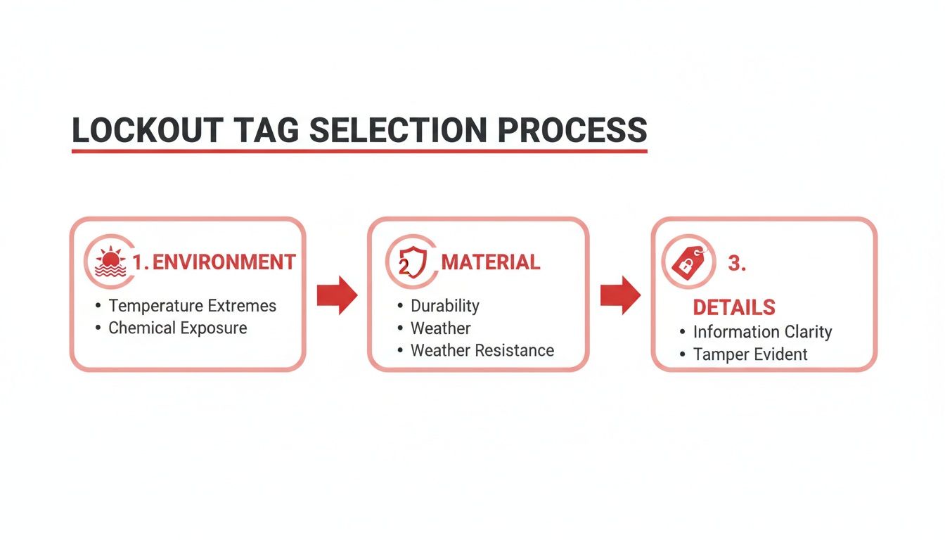 Infographic illustrating the 3-step lockout tag selection process: environment, material, and details.