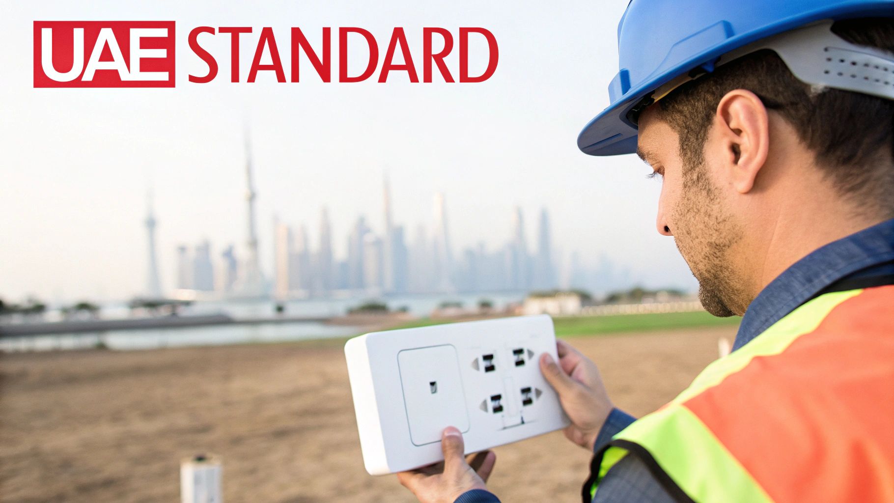 A construction worker in a blue hard hat inspecting a white electrical socket panel in the UAE.