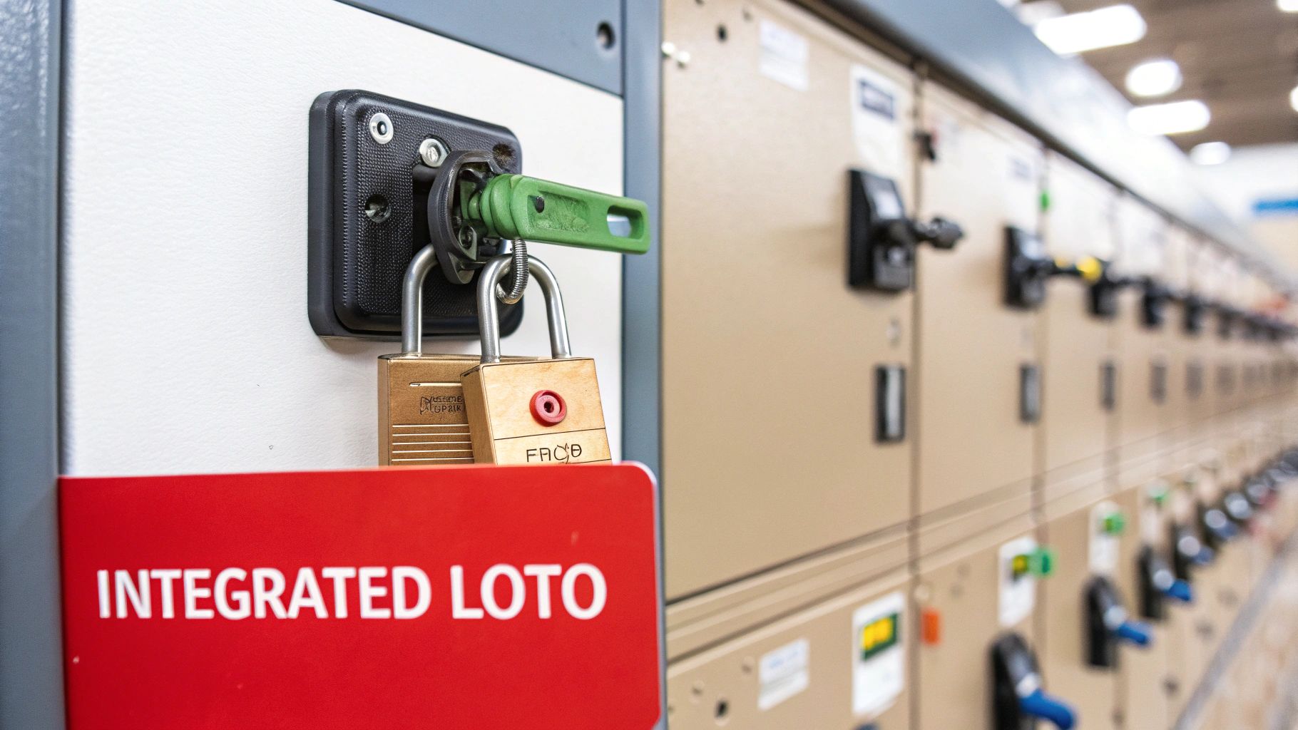 Close-up of integrated lockout tagout device with two brass padlocks on an electrical panel.