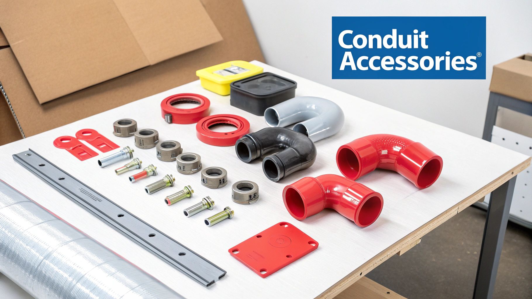 A flat lay of various conduit accessories including red, black, and gray pipes, connectors, and clamps.