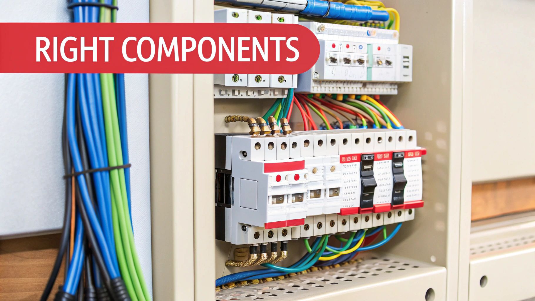 A detailed view of various Schneider Electric circuit breakers and components neatly arranged in a warehouse setting.