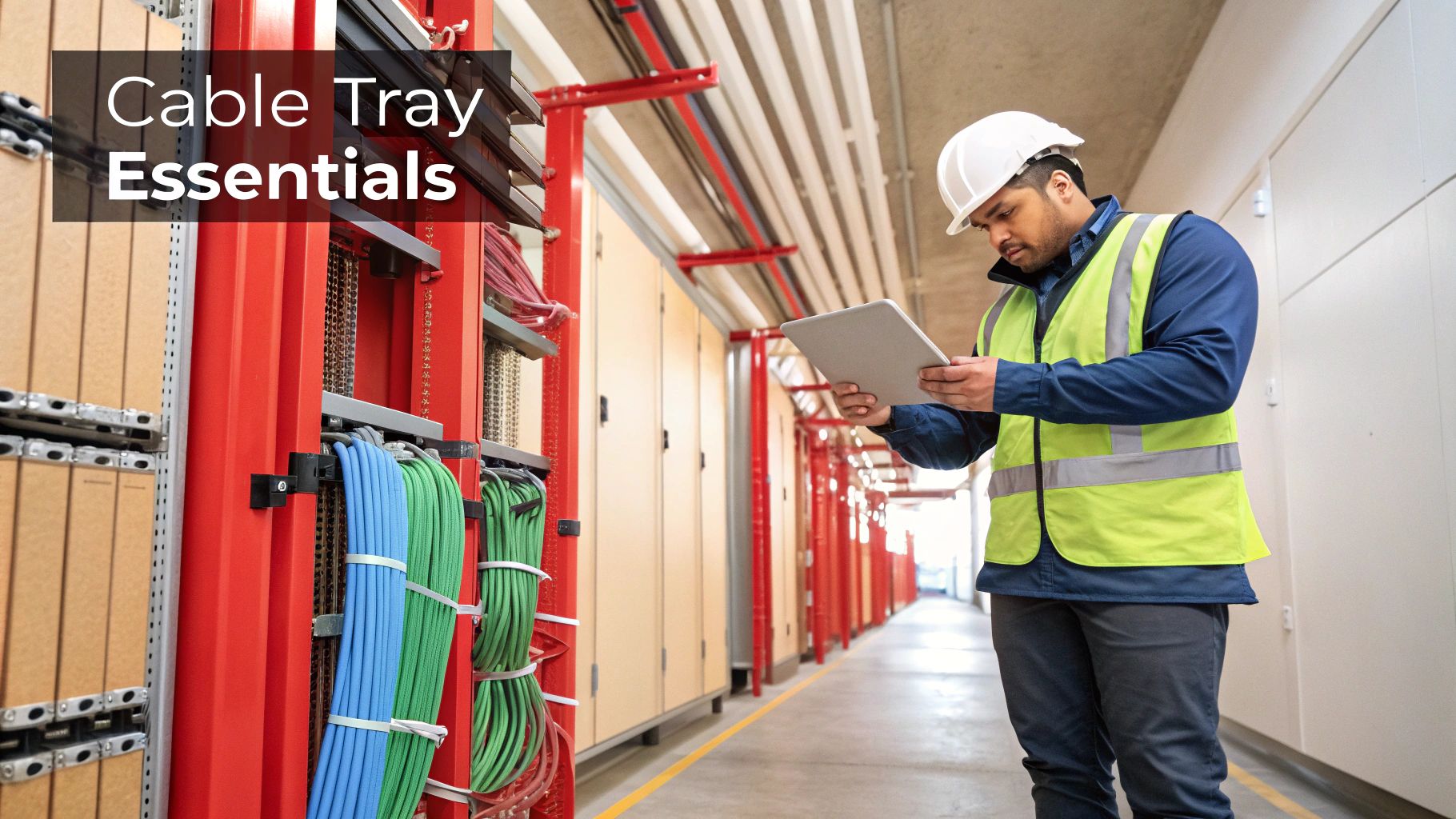 Technician in a safety vest inspecting neatly organized cables within a data center's cable trays.