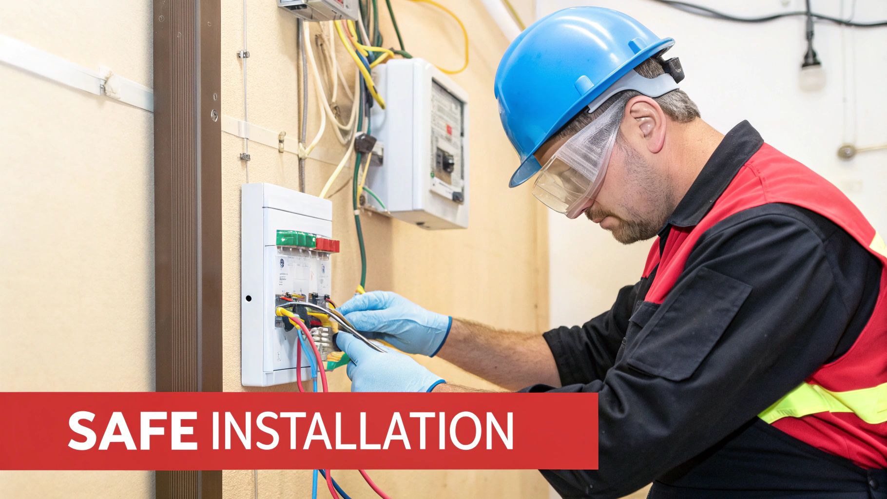 An electrician in a hard hat and safety gear works on an electrical panel, connecting wires.