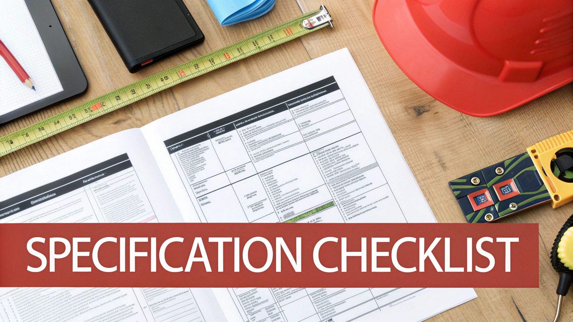 Construction planning scene with a specification checklist document, measuring tape, and a hard hat on a wooden table.