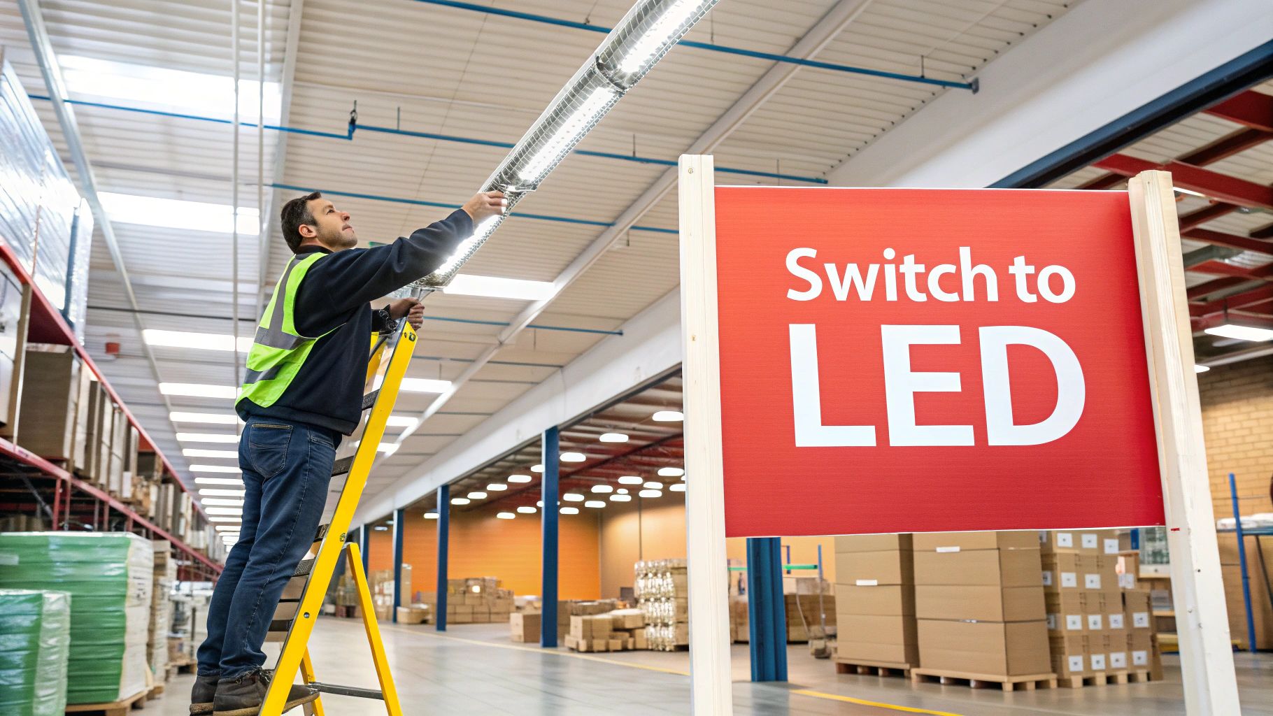 Worker on a ladder installing an energy-efficient LED tube light in a large warehouse with a 'Switch to LED' sign.