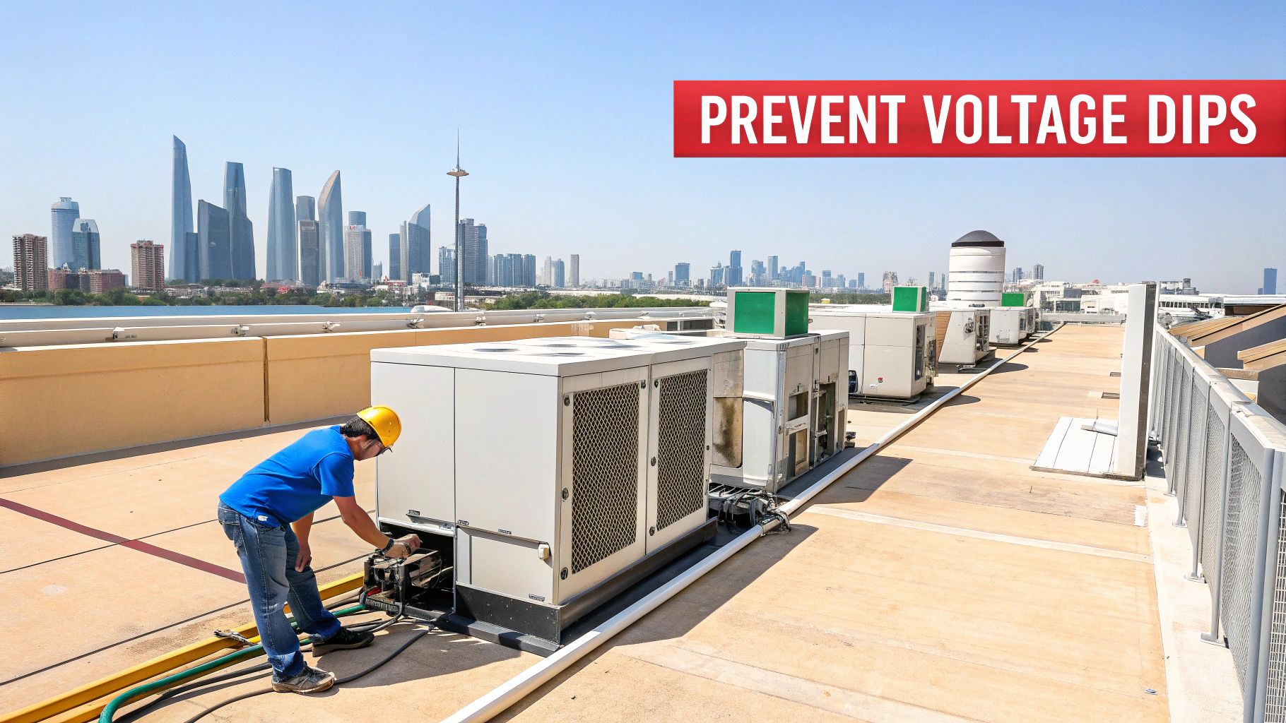 A worker in a hard hat services rooftop HVAC units with a city skyline in the background, promoting 'PREVENT VOLTAGE DIPS'.