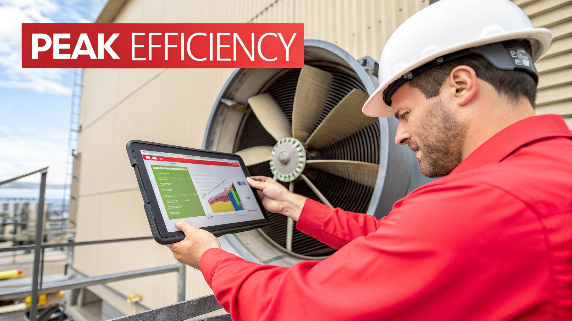 A worker in a hard hat reviews performance data on a tablet next to a large industrial fan.