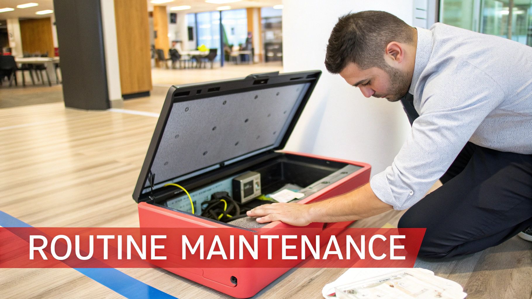 A man in a shirt and tie kneels, performing routine maintenance on a red open floor box with cables and components inside.