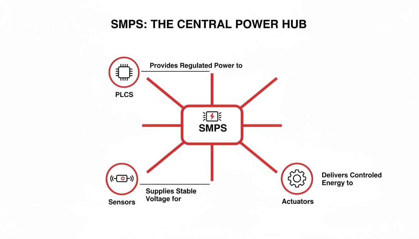 Diagram showing SMPS as a central power hub, providing power to PLCs, sensors, and actuators.