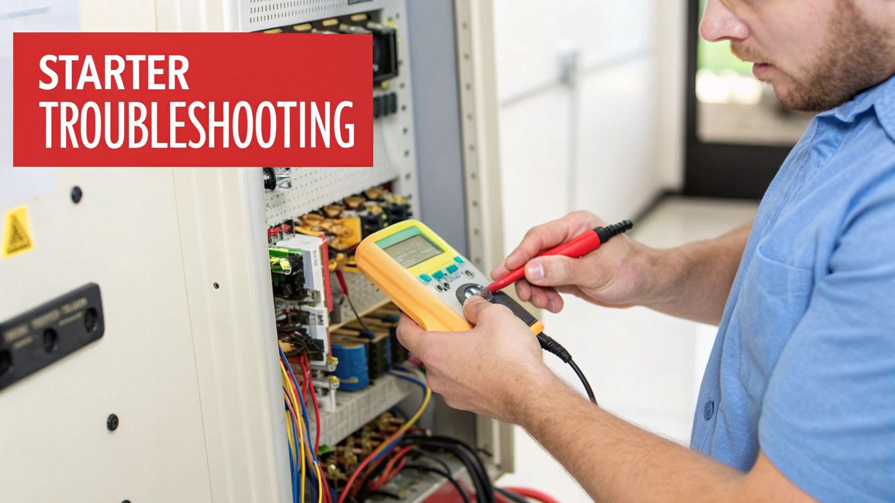 A technician troubleshoots an electrical starter system using a digital multimeter on an open control panel.