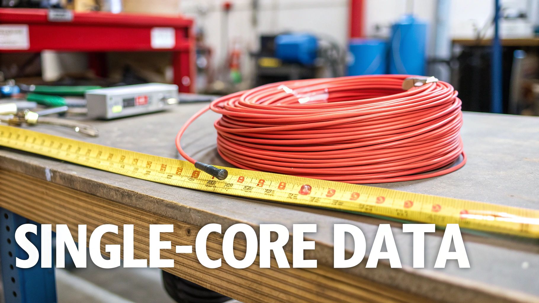 A coiled red single-core data cable and a yellow measuring tape on a rustic workbench with tools.