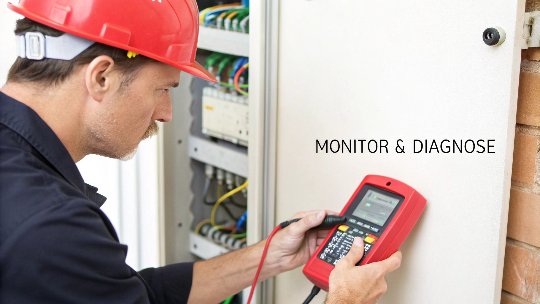 A technician wearing a red hard hat uses a power quality analyzer on an electrical panel.