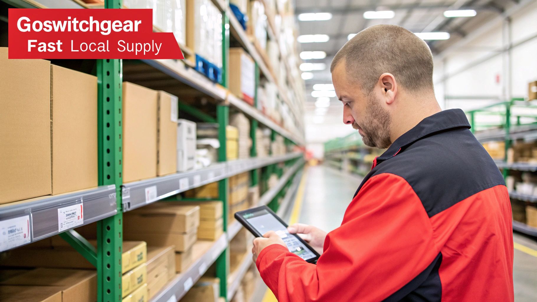 A well-organized warehouse aisle at GoSwitchgear, filled with Schneider Electric products ready for dispatch.