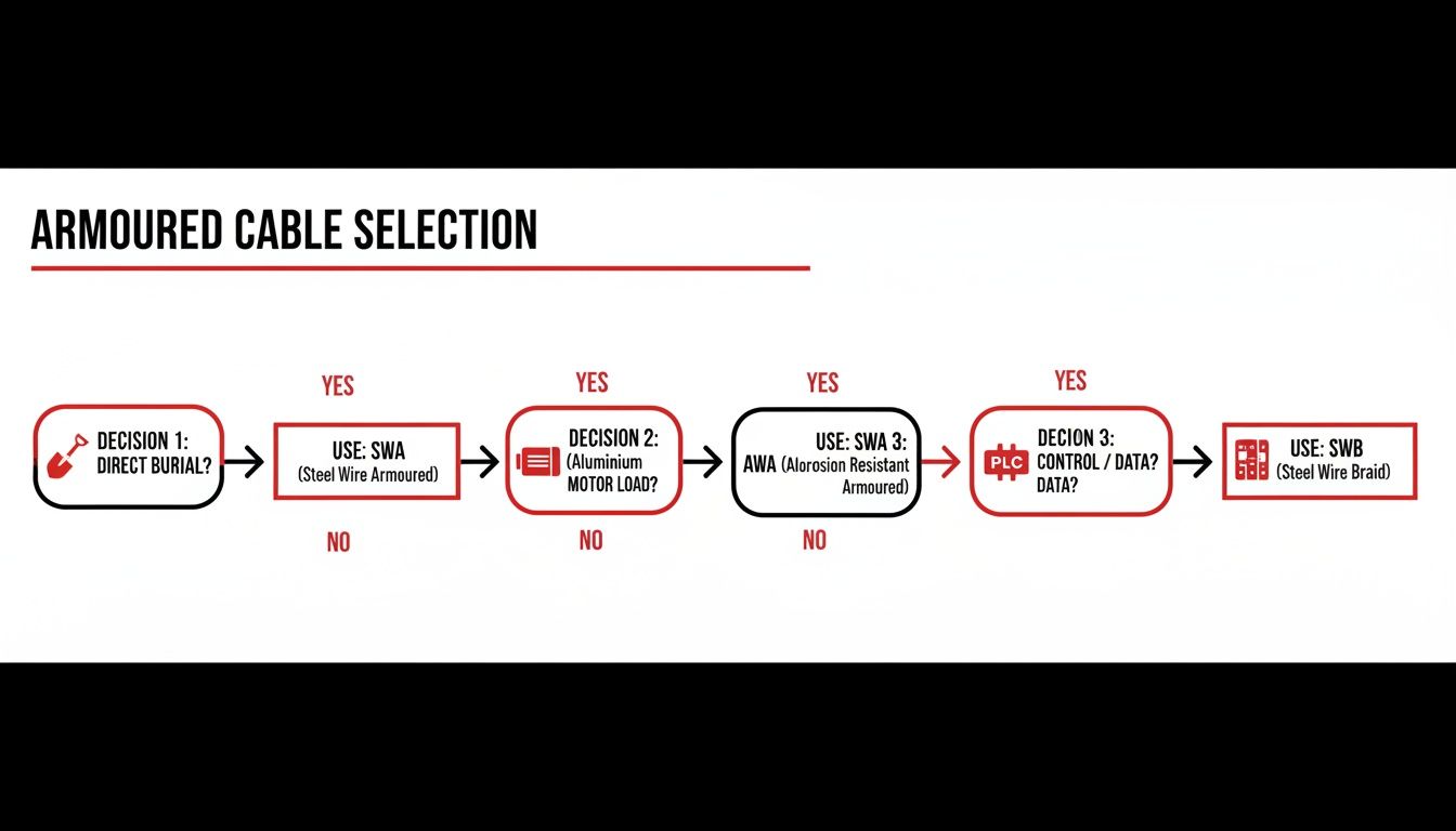 Flowchart for armoured cable selection, guiding users through decisions for direct burial, motor load, and control data applications.