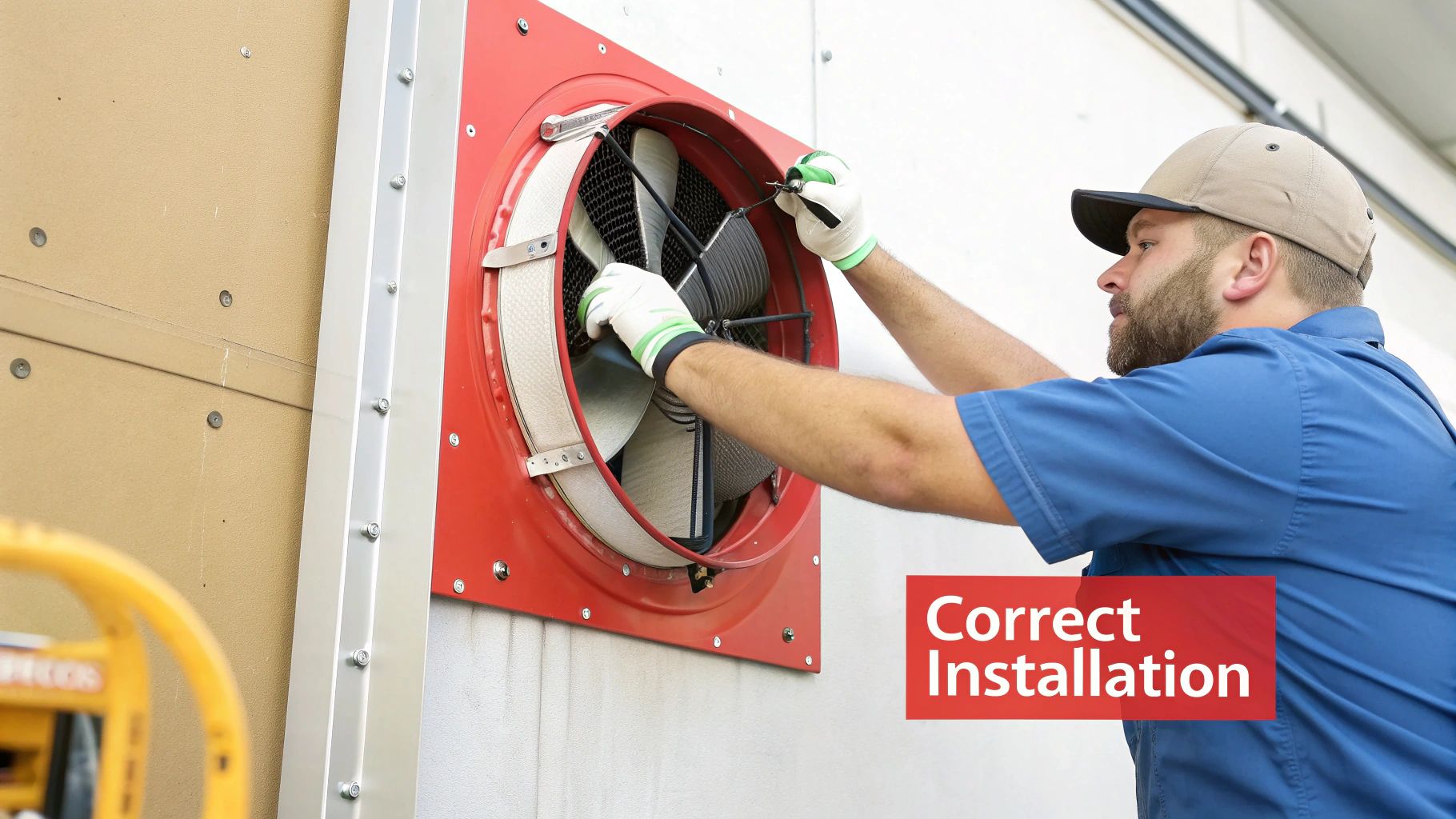Worker in gloves performing correct installation on a large red industrial exhaust fan on a wall.