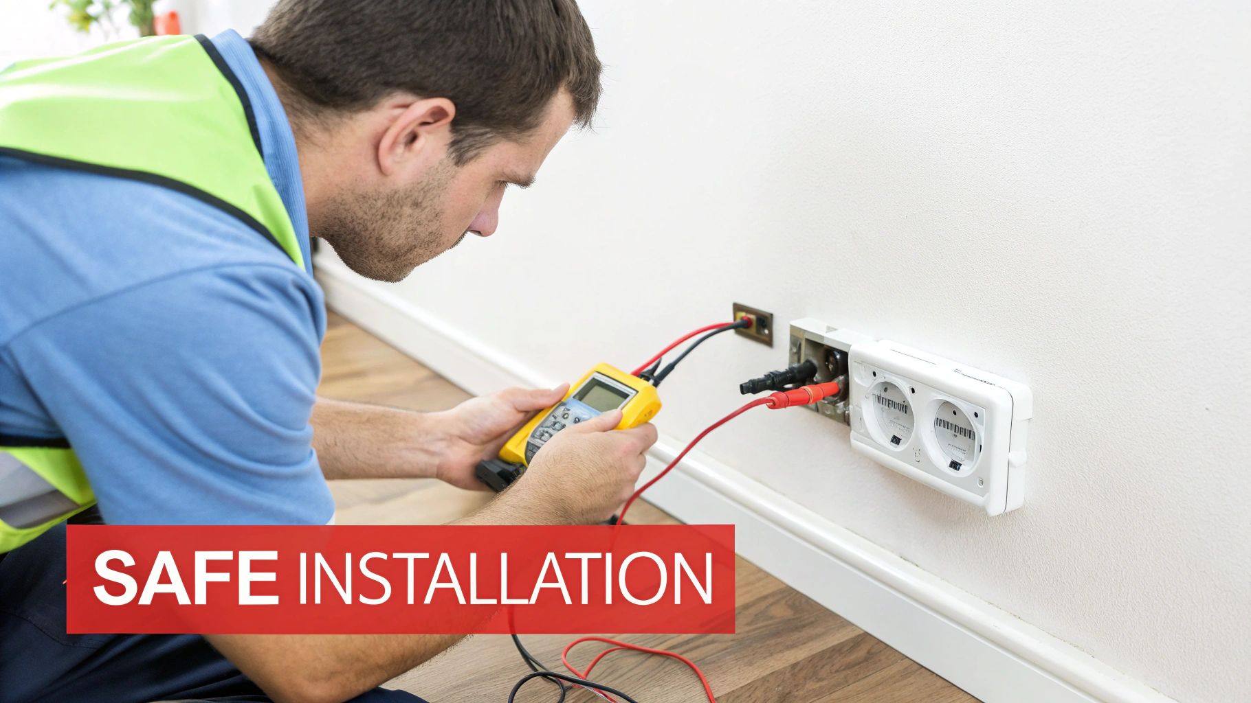A professional electrician uses a multimeter to ensure safe installation of electrical sockets.