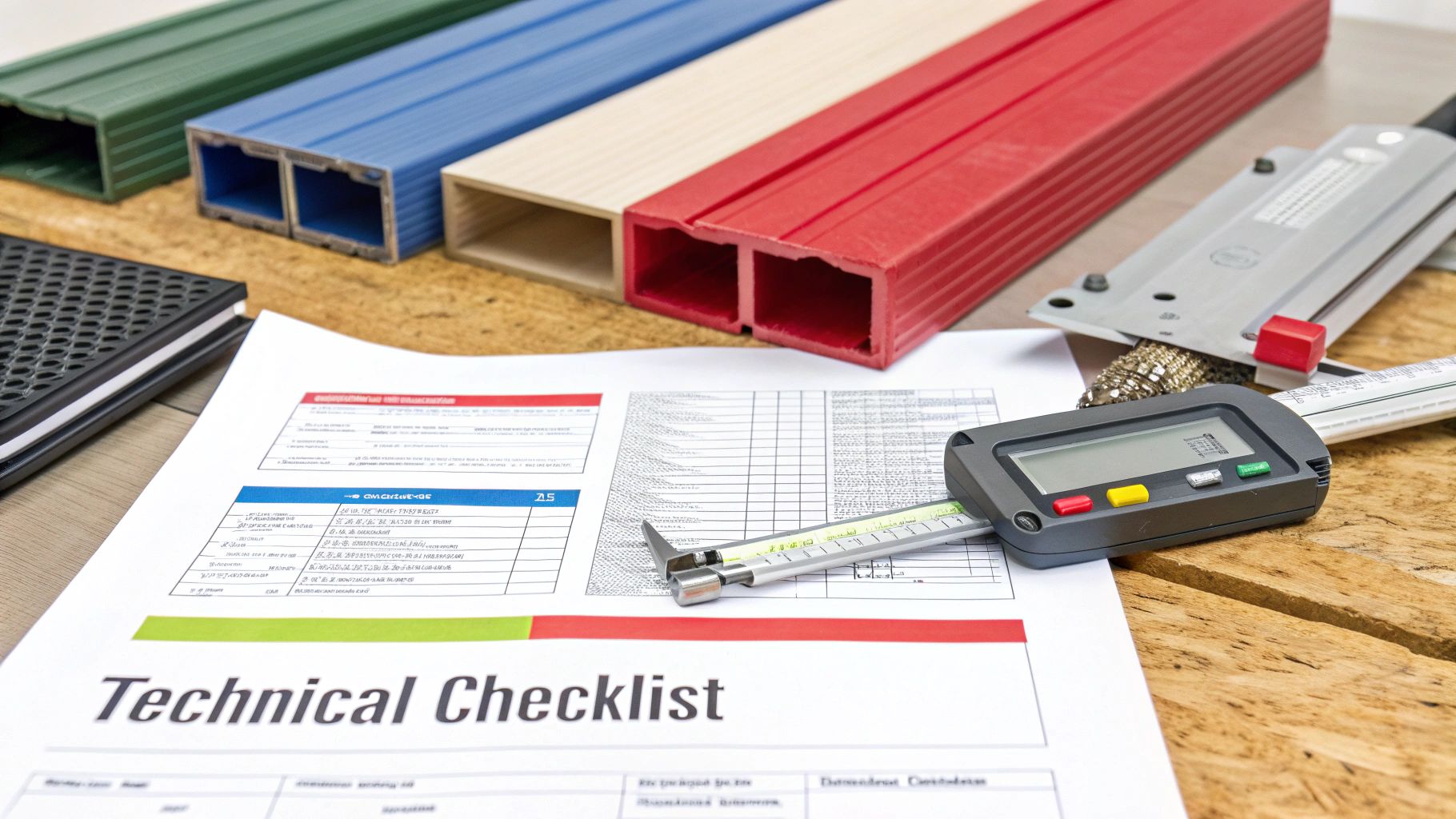 Colorful composite decking samples with measuring tools and technical checklist on wooden table