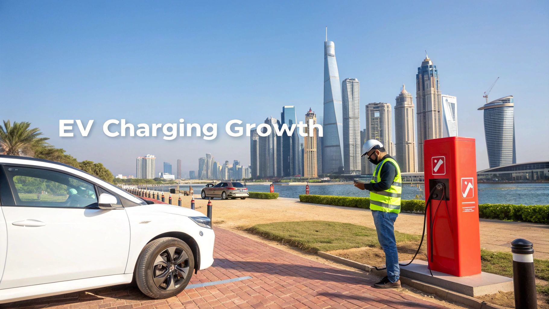 Man charges a white electric car at a red EV station with a city skyline backdrop.