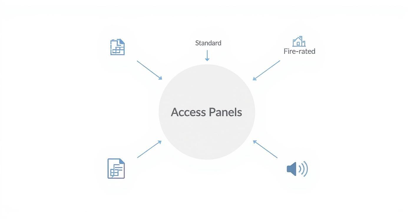 Diagram showing four types of access panels including standard, fire-rated, and acoustic options