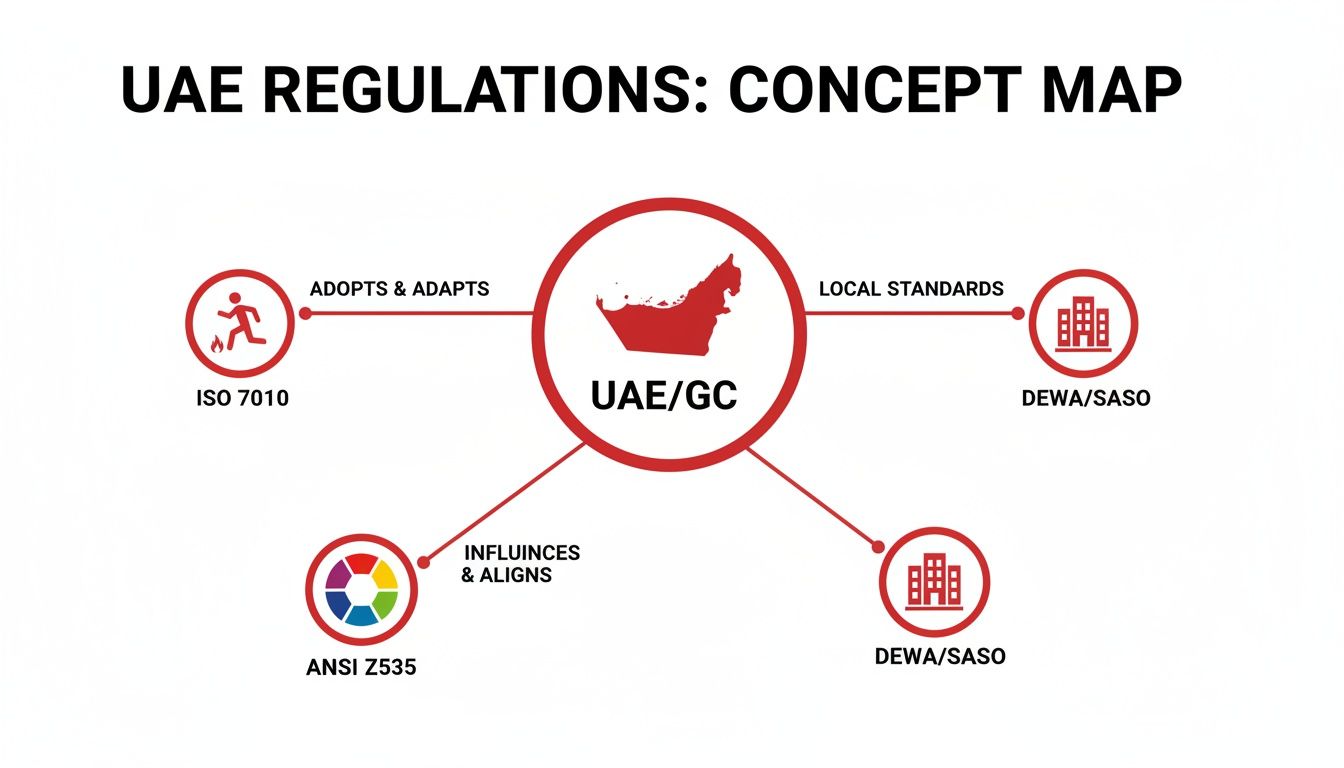 A concept map illustrating UAE regulations and their connections to international and local standards.
