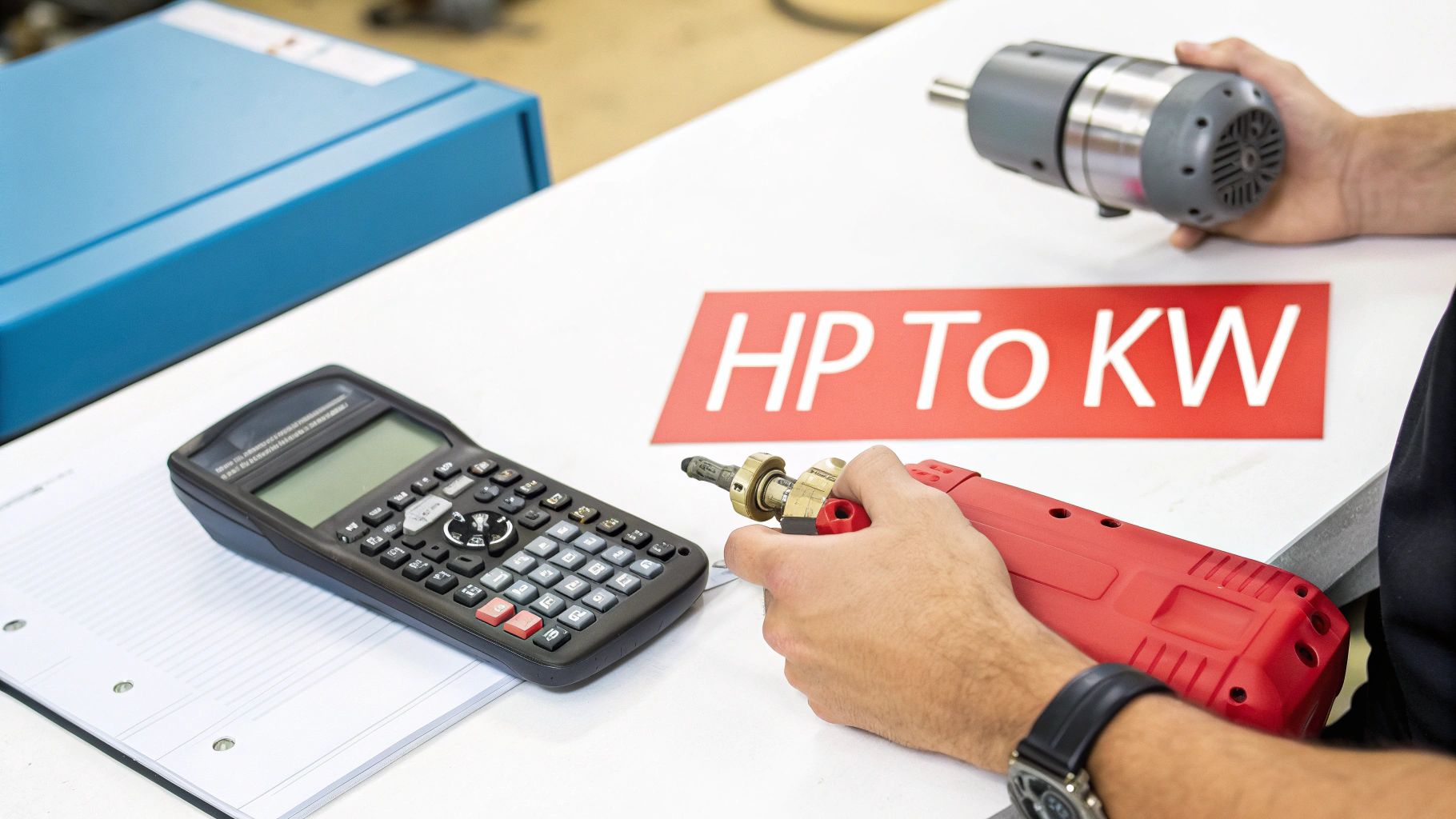 Hands holding a motor and a tool, next to a calculator and an 'HP to KW' sign on a desk.