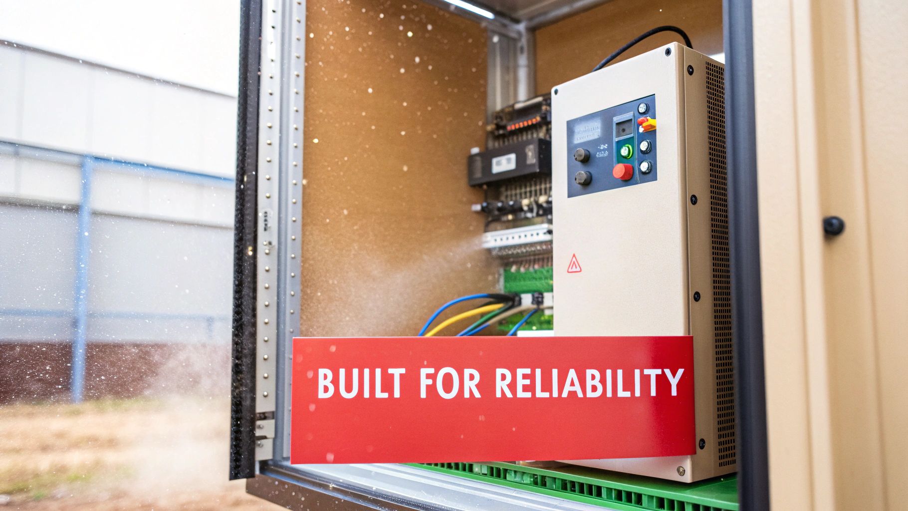 An open electrical control cabinet revealing internal components and a 'Built for 'Reliability' sign.