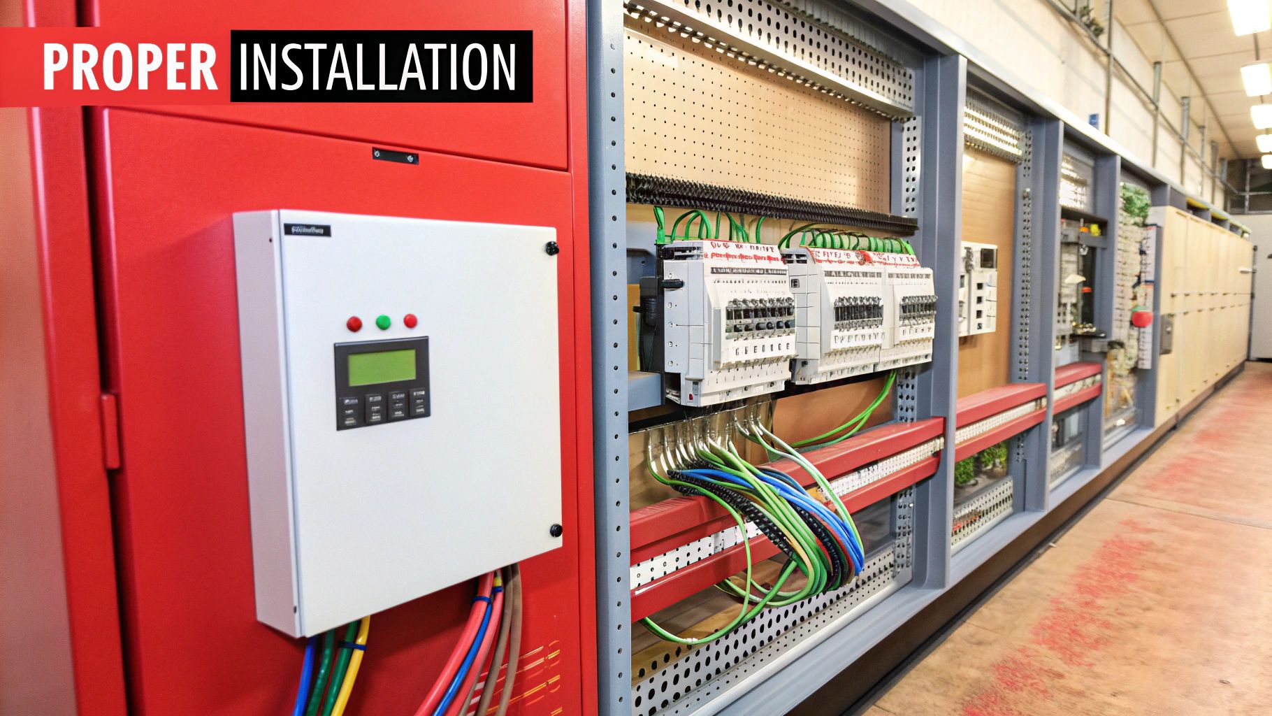 Technician installing a Power supply SMPS on a DIN rail inside a control panel.