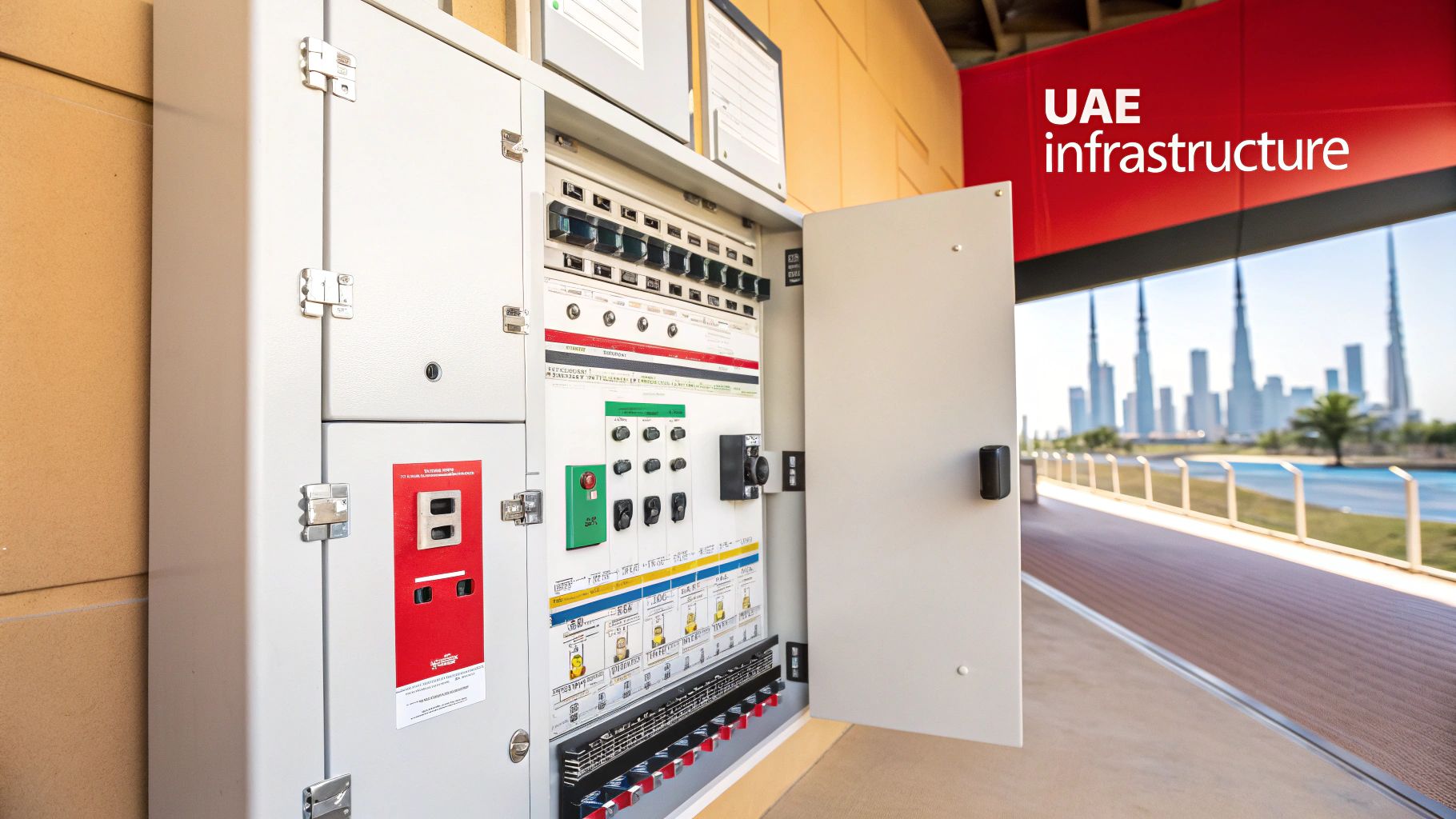 A detailed view of an industrial control panel in the UAE, showing neatly organised wiring with multiple pin type lugs connected to terminal blocks.