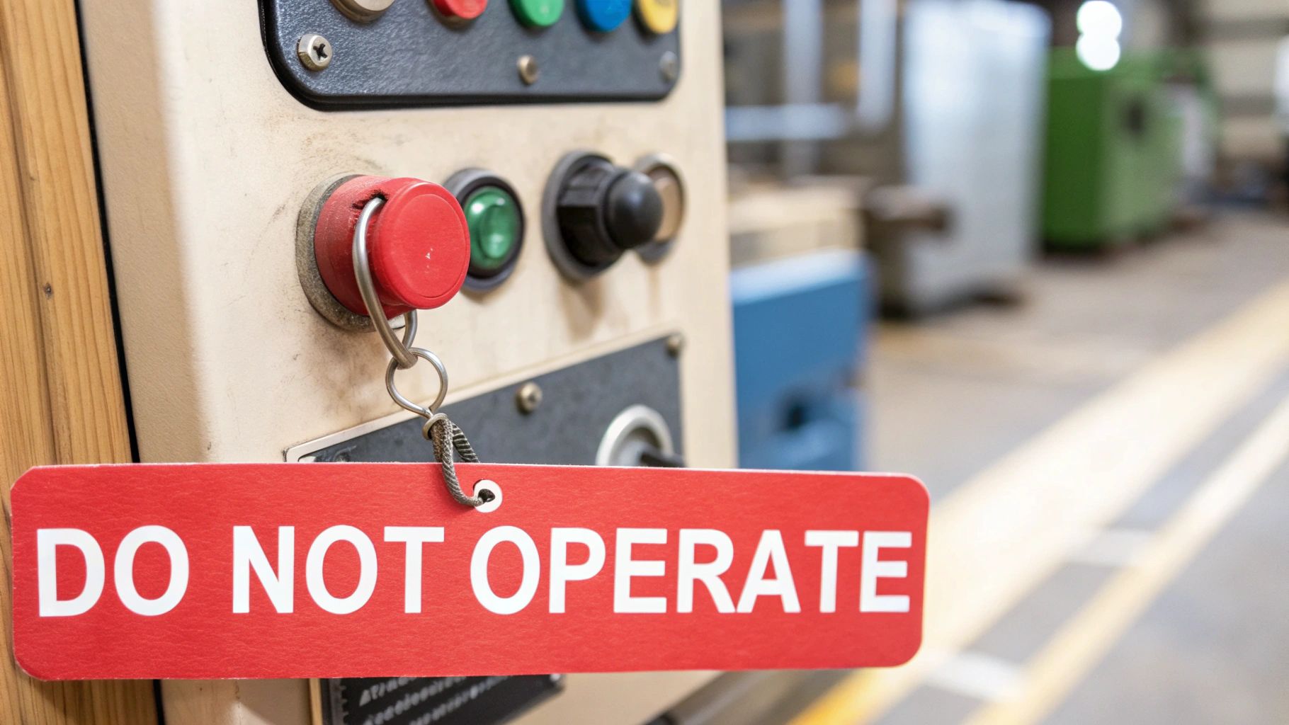 Red 'DO NOT OPERATE' lockout tag on an industrial control panel's emergency stop button.