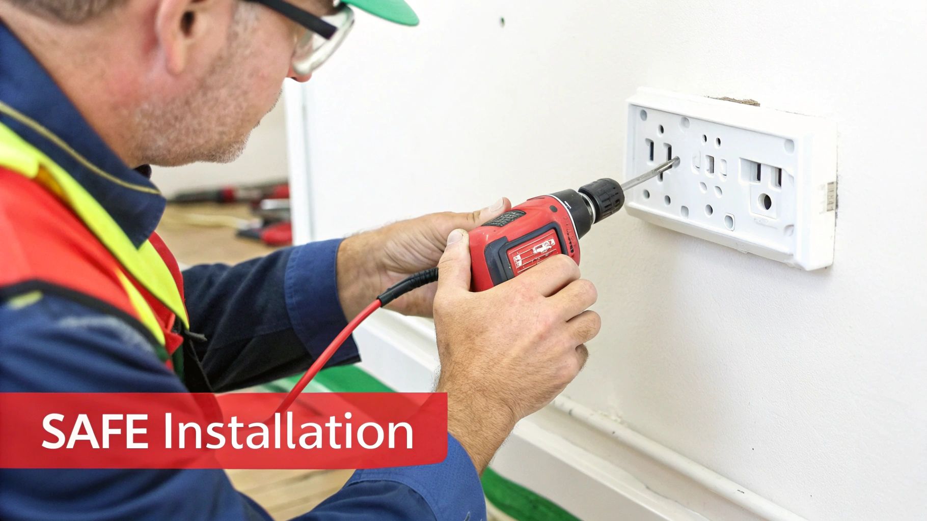 An electrician in safety gear installs a white power socket into a wall using a red power drill.