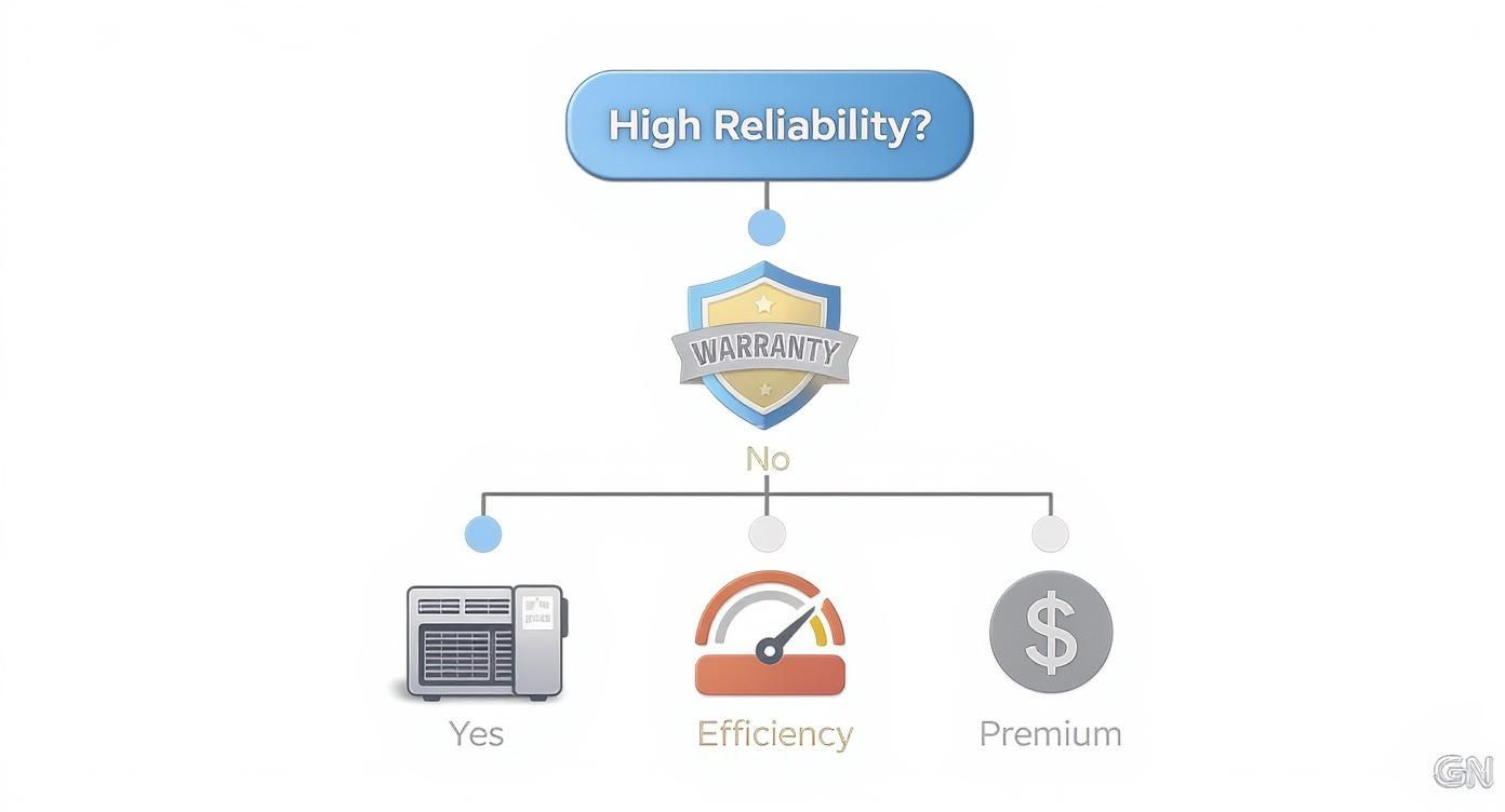 Decision tree flowchart showing warranty options for high reliability solar inverter selection process