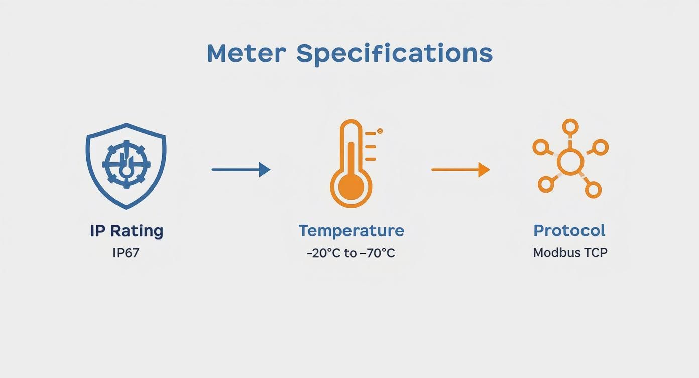 Meter specifications diagram showing IP67 rating, -20 to -70 Celsius temperature range, and Modbus TCP protocol.