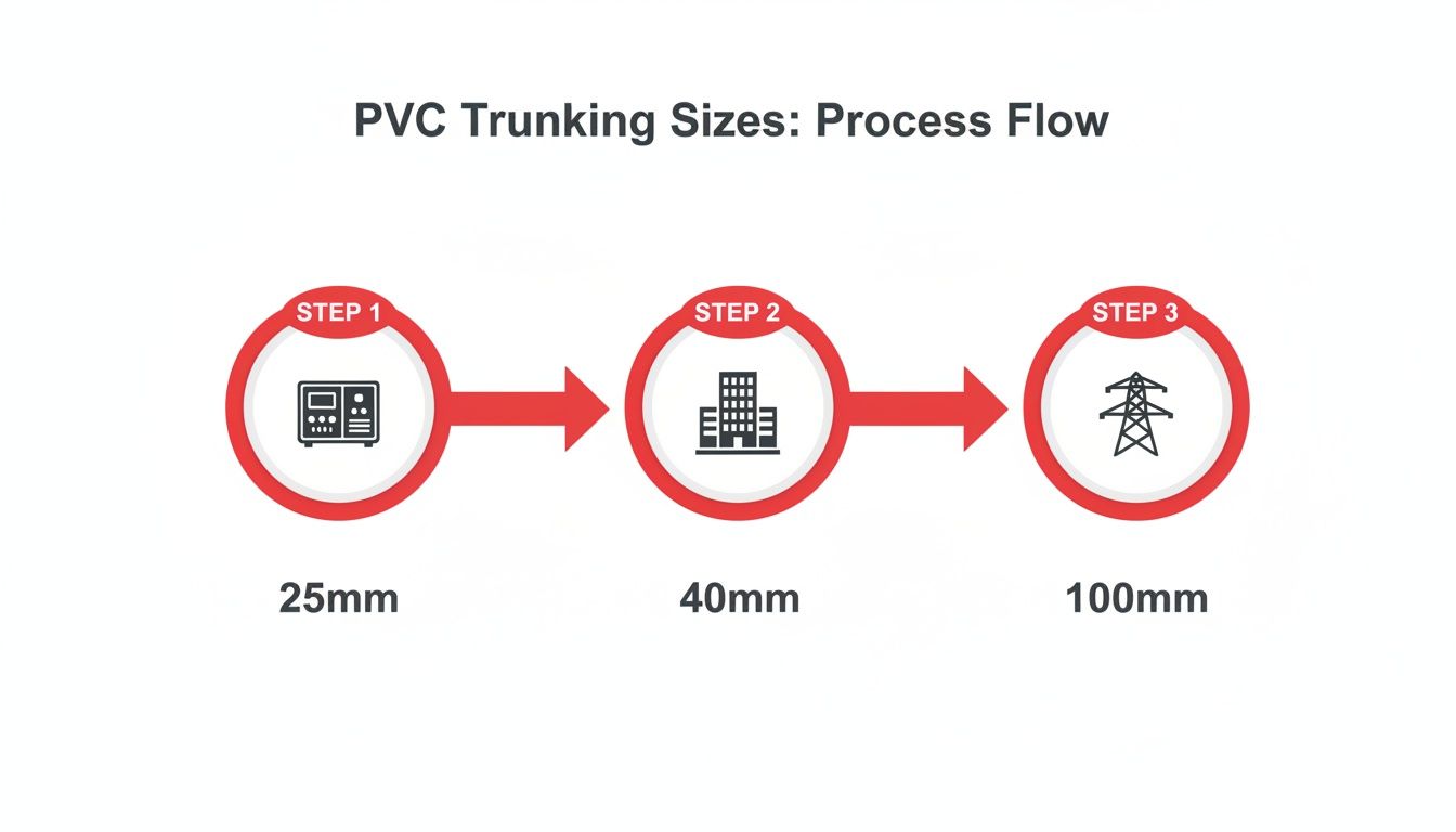 Process flow diagram illustrating PVC trunking sizes: 25mm, 40mm, and 100mm.