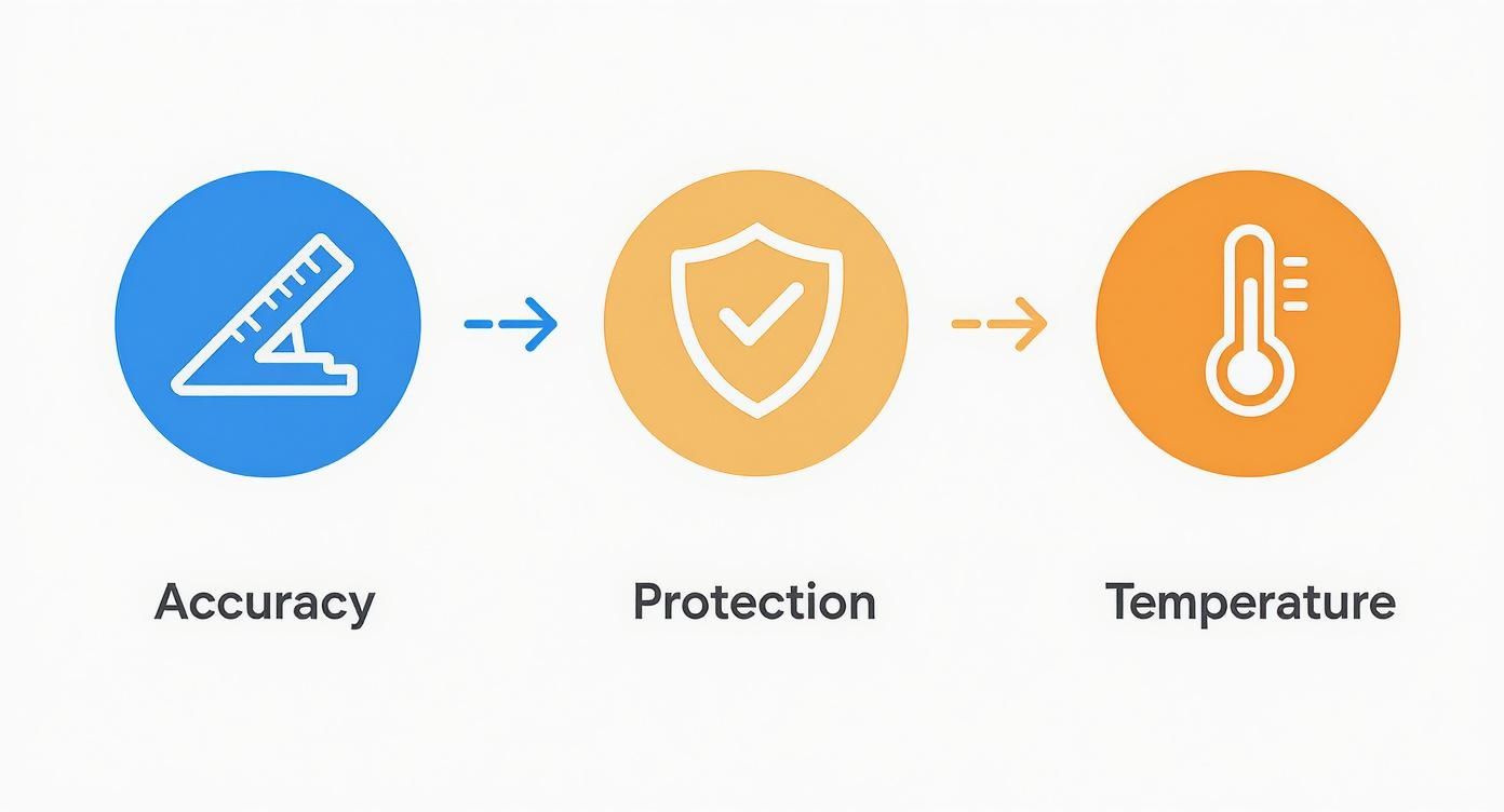 Three infographic icons: ruler for accuracy, shield for protection, and thermometer for temperature linked by arrows.
