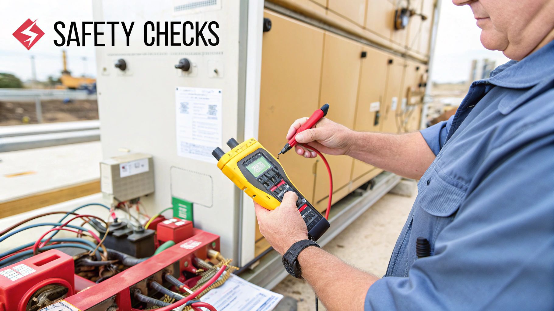 An engineer performs pre-commissioning checks on a motor control panel with a multimeter.
