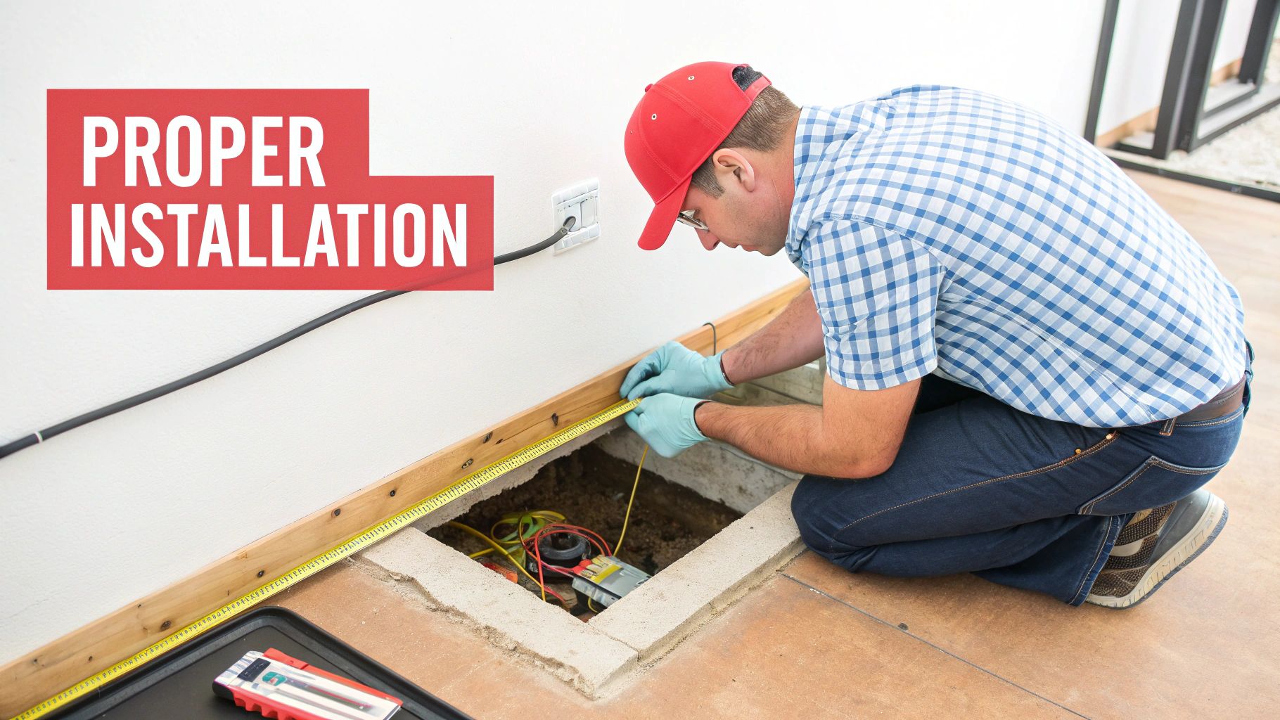 Man in gloves measures an open floor box for proper electrical installation.
