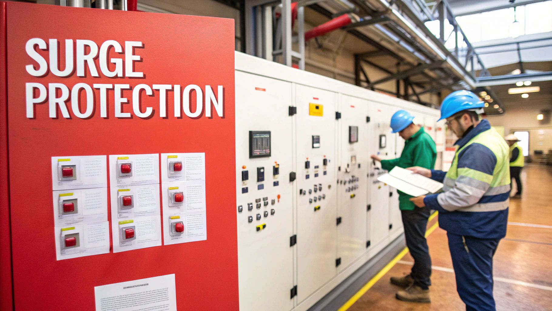 Two industrial workers in hard hats inspect electrical control panels, with a red 'SURGE PROTECTION' sign prominent in the foreground.