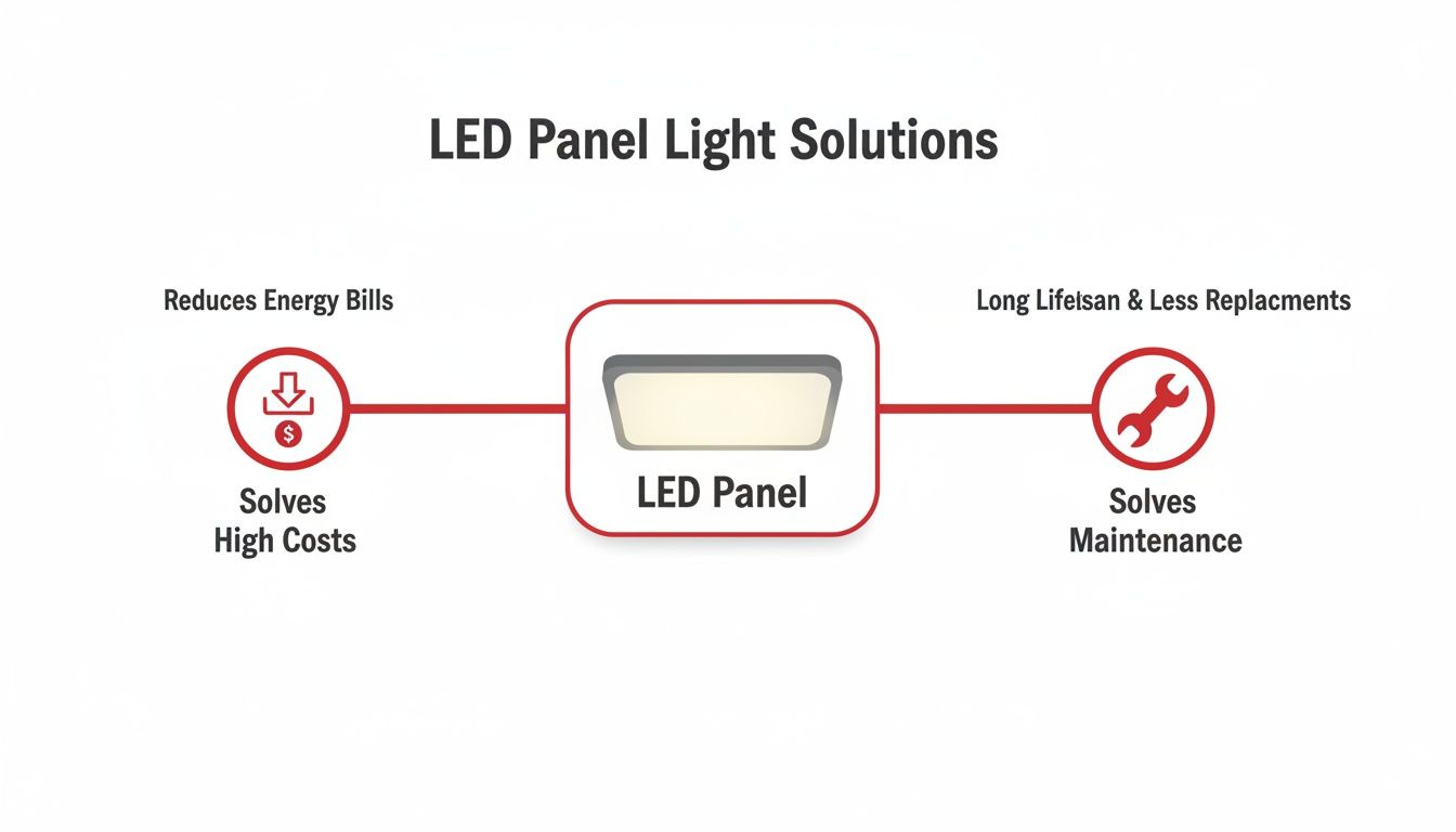 Diagram illustrating LED Panel Light Solutions: reduces energy bills, solves high costs, offers long lifespan and less replacements, solves maintenance.