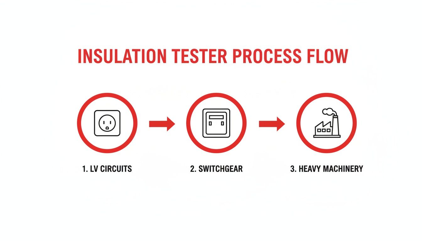 A process flow diagram illustrating insulation tester applications for LV circuits, switchgear, and heavy machinery.